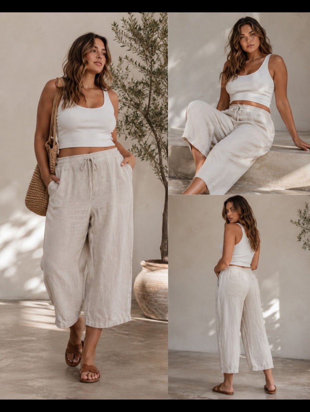 Liz Claiborne Cream Drawstring Linen-Blend Pants